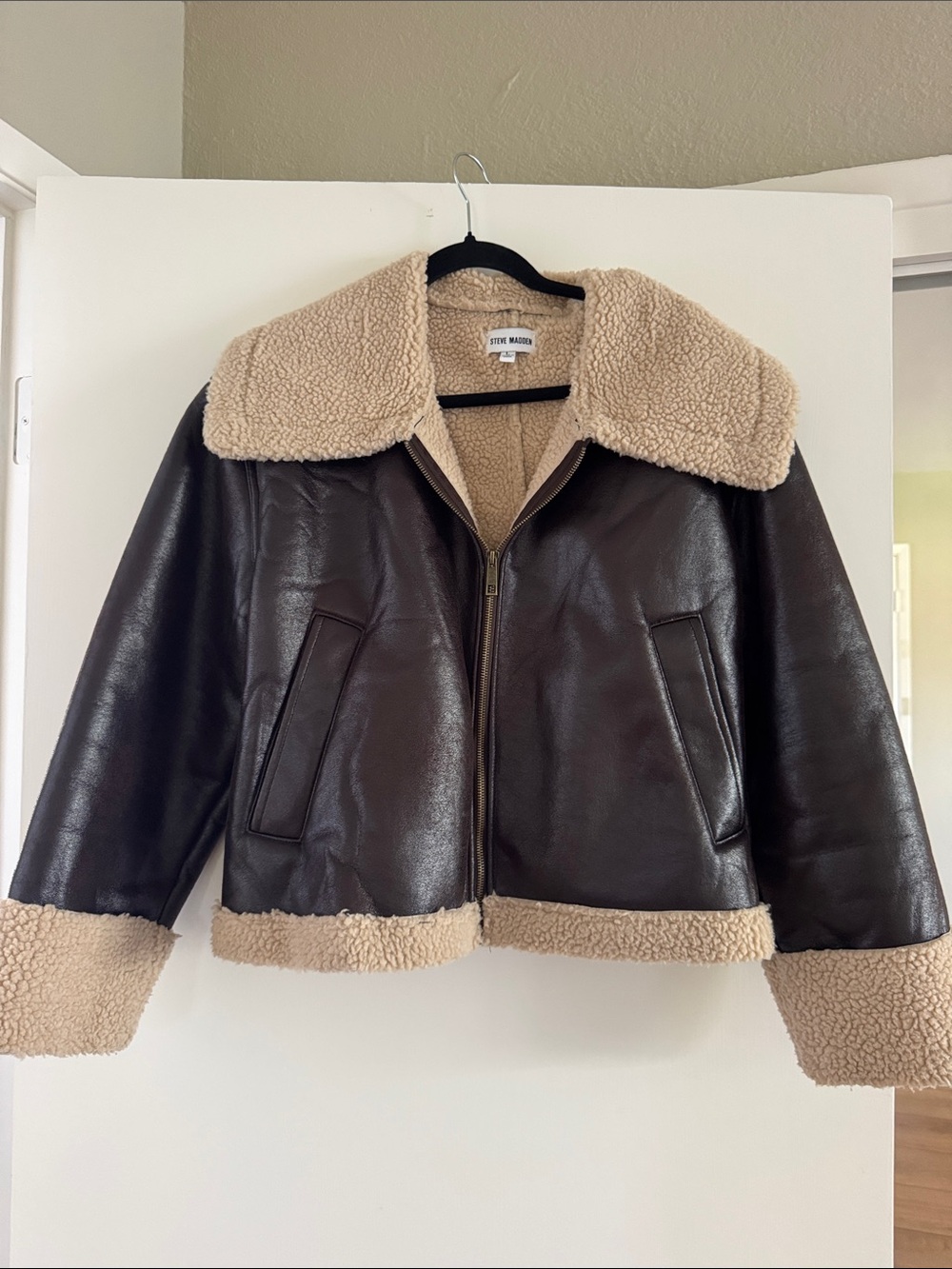 Steve Madden Dark Brown Faux Leather Teddy Jacket with Cream Sherpa